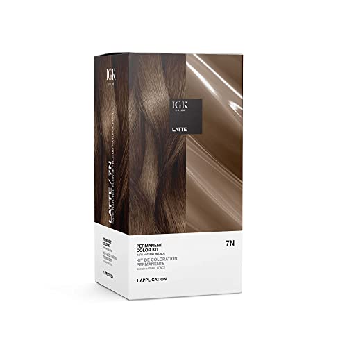 IGK Permanent Hair Color Kit | 7 N Latte - Dark Natural Brown | 100% Gray Color Coverage + Strengthen + Shine | Ammonia Free