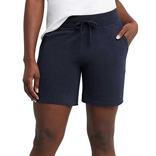 Hanes Womens Jersey Pocket Shorts, Drawstring Cotton 7" Inseam Athletic-shorts, Navy, Small US