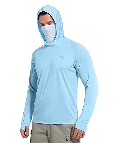 isnowood Sun Shirt UPF 50+ Men's Fishing Long Sleeve UV Protection Hoodie Hiking Rash Guard Swimming Running Light Blue