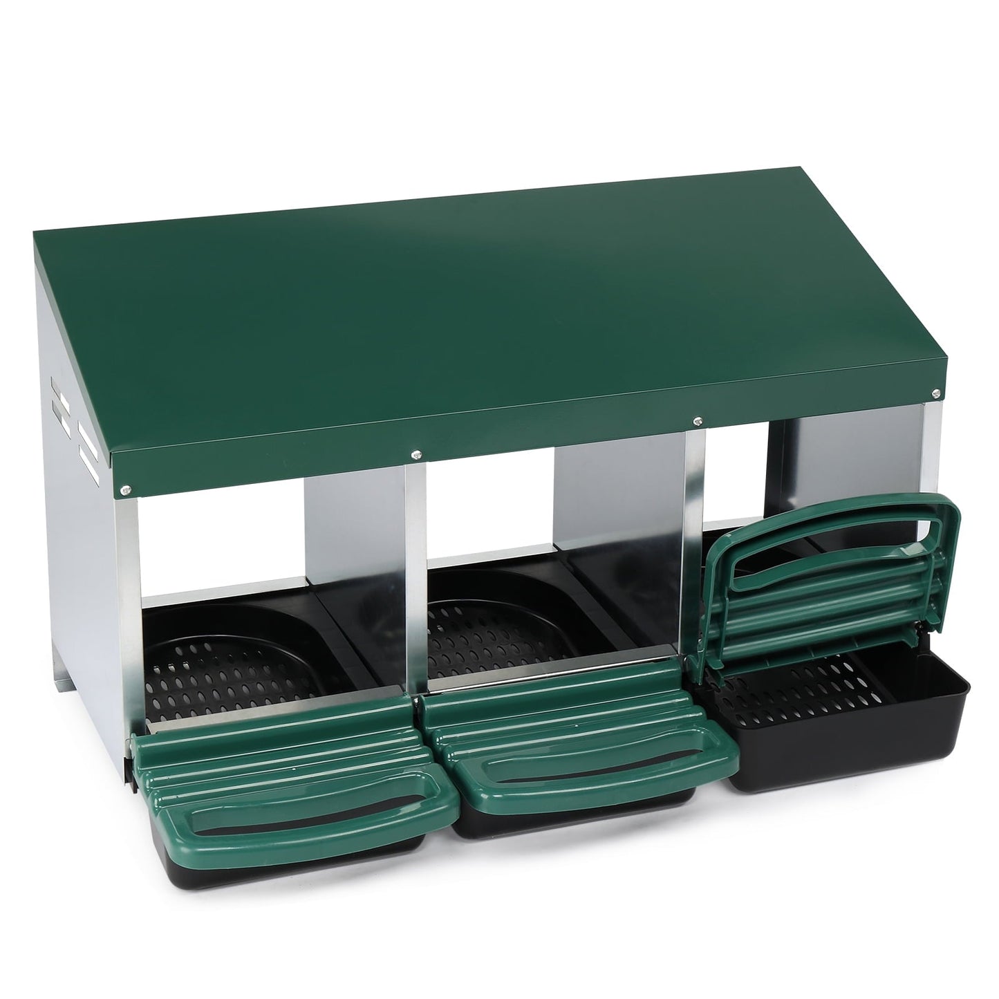 3 Compartment Roll Out Chicken Nesting Box w/ Plastic Basket - Steel Frame 31.9x20.1x18.5in(Green)