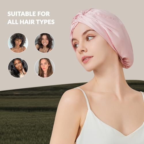 100% Mulberry Silk Bonnet for Sleeping Women, 22 Momme Grade-6A Double Layer Silk Hair Wrap With Elastic Band Stay On Head All Night(1PCS,Pink)