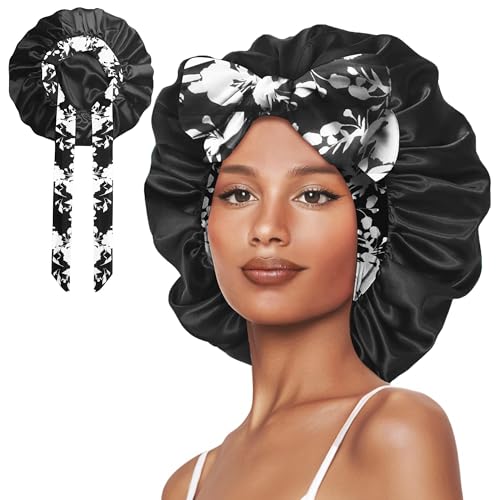 Vettres Hair Bonnet for Sleeping Satin Lined Sleep Cap Double Layer Silk Head Wrap for Curly Natural Hair Strawberry Patchwork