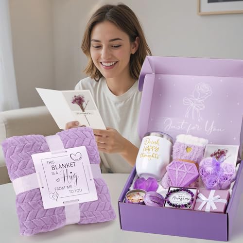 Birthday Gifts for Women Self Care Gift Set, Purple Relaxing Spa Gift Baskets Care Package Get Well Soon Gifts, Unique Christmas Gifts for Mom Her Sister Friend Wife Grandma Girlfriend