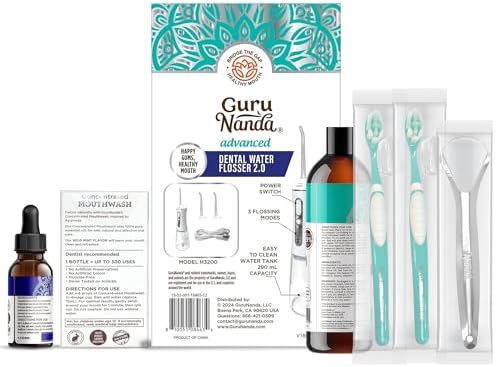 GuruNanda Gums of Steel Kit – Advanced Dental Water Flosser (UV Mode), Concentrated Mouthwash, Cocomint Pulling Oil, Butter on Gums Toothbrush & Tongue Scraper for Happy Gums