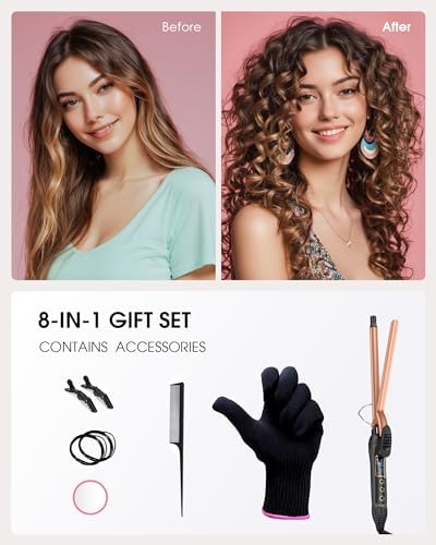 0.5 in Tiny Curling Wand with Adjustable Temperature, for Medium and Long Hair, Heat Resistant Glove, 8-in-1 Gift Set