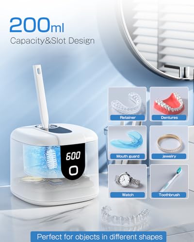 2025 Enhanced Ultrasonic Retainer Cleaner, 2X Efficiency, 45kHz Dentures Cleaner Machine with UV Lights&4 Clean Modes, Dental Cleaning Pod for Aligner, Nightguard, Mouth Guards, Jewelry, Rings, etc