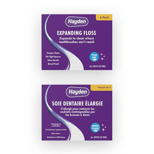 Hayden Expanding Dental Floss. Expands To Clean Between Tight Teeth. 6 Pack Value. Fresh Feeling Polar Mint Woven Floss. Anti Tartar Actives for Gentle Care. 180 Yards. Expandable Clean. PFA Free.