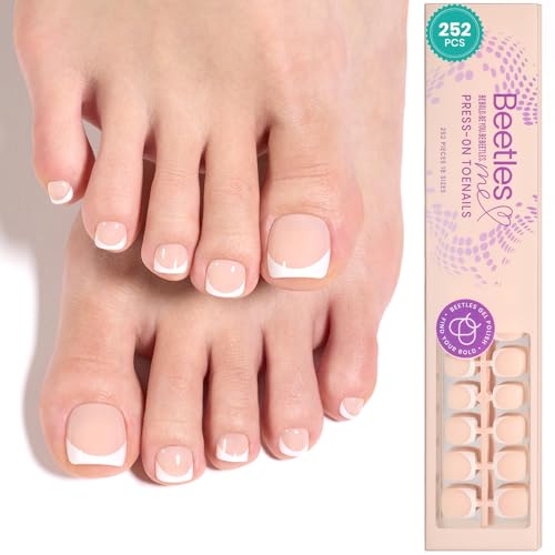 Beetles French Press on Toe Nails-Short Square French Tip Toe Nail Press Ons 252 Pcs 18 Sizes Nude Toe Press on Nails, 4 in 1 Pre-Designed Toe Nails Fake Nails for Women