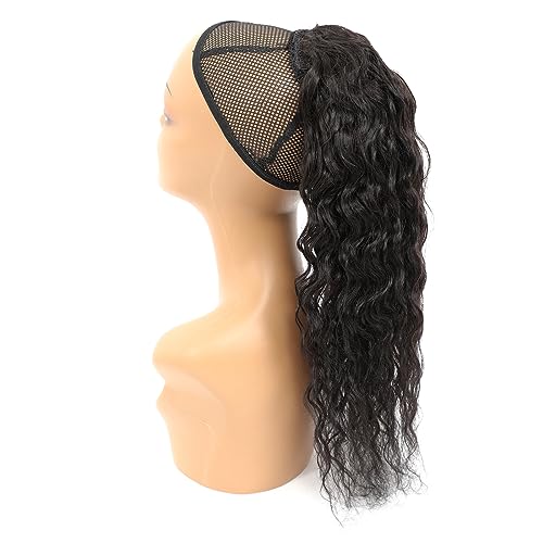 100% Human Hair Drawstring Ponytail Extension Water Wave in Natural Color 1B Corn Wave Ponytail Clip in Extensions for Black Women (14 Inch)