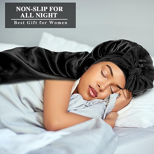 3pcs Long Satin Bonnets for Braids Locs, Large Silky Hair Bonnet with Tie for Women Sleeping Curly Hair, A