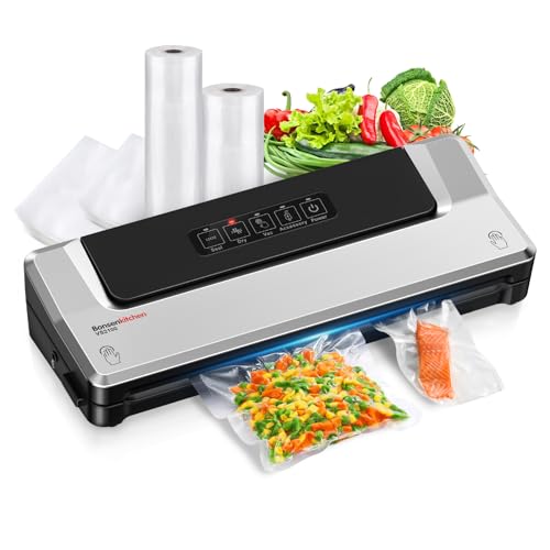 Bonsenkitchen Vacuum Sealer Machine, Fast-Compact Food Sealer, Globefish Technology for High-Speed Continuous Working, Multi-Functional Food Vacuum Sealer with 20 Vacuum Bags & 2 Roll Bags, Silver