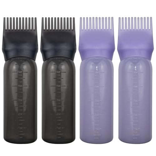 FZWONVUC 4 Pack Root Comb Applicator Bottle, Hair Oil Applicator, Oil Comb Applicator Bottle for Hair Dye Shampoos Hair Salons (Black+Purple)