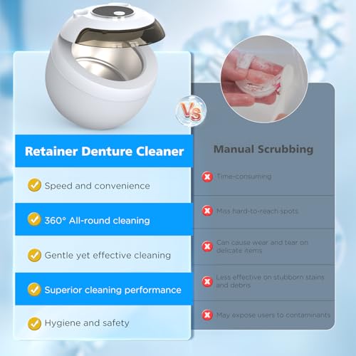 45kHz Ultrasonic Retainer Cleaner Machine, 200ML Denture Cleaner, 4 Modes with Digital Timer Mouth Guard Cleaner for Aligner, Night guard, Braces, Toothbrush, Jewelry and More (White)