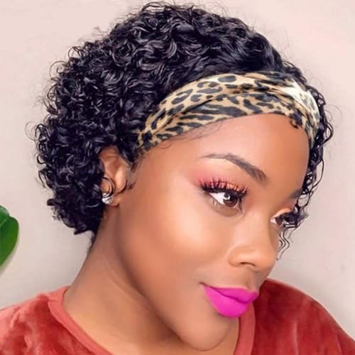 Headband Wig Human Hair Pixie Cut wig Human Hair Wigs For Black Women 1B 6 Inch Curly Wigs For Black Women Black Curly Wig Short Black Wigs For Women Glueless Wig Cheap Short Curly Human Hair Wigs