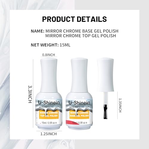 15ml Top Coat and Base Coat Set for Metallic Mirror Painting Gel, No Wipe Clear Top and Base Coat for Nail Polish, Chrome Nail Powder