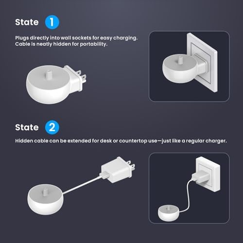 2-in-1 Wall Charger for Oral-B Braun Electric Toothbrush, 3-Port US Plug Charger Base for Oral B Genius Pro Smart Vitality Kids io2 io3 io4 io5 io6 Serie, IPX5, White
