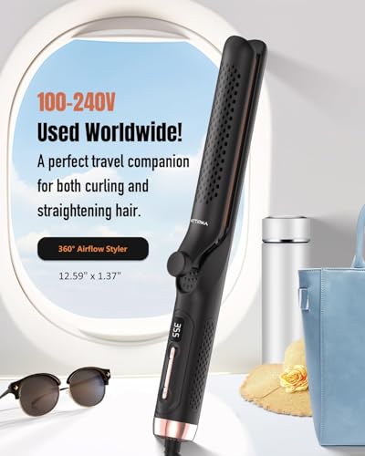 360° Airflow Styler Curling Iron, 2 in 1 Hair Straightener and Curler with Vented Cool Air to Lock in Style, 1.25 Inch Extra Long Flat Iron Curling Iron in One, Dual Voltage for Travel, LCD Display