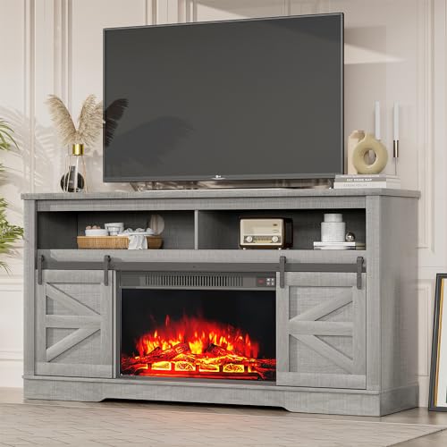 YESHOMY Fireplace TV Stand for Television up to 65+ Inch with Storage and Farmhouse Sliding Barn Doors, Entertainment Center with Cabinet and Shelves, Media Console for Living Room, Gray