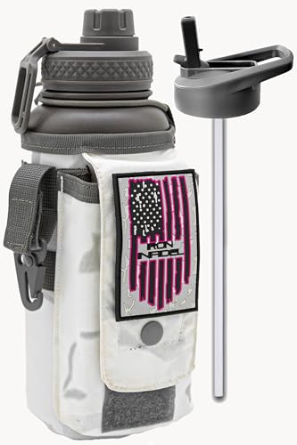 Iron Infidel Battle Bottle - 32 Oz Insulated Water Bottle with Straw Lid & Chug Cap, Stainless Steel Metal Flask Includes Rugged, Removable Sleeve for Keys, Wallet, & Phone (Arctic Camo 1 Liter)