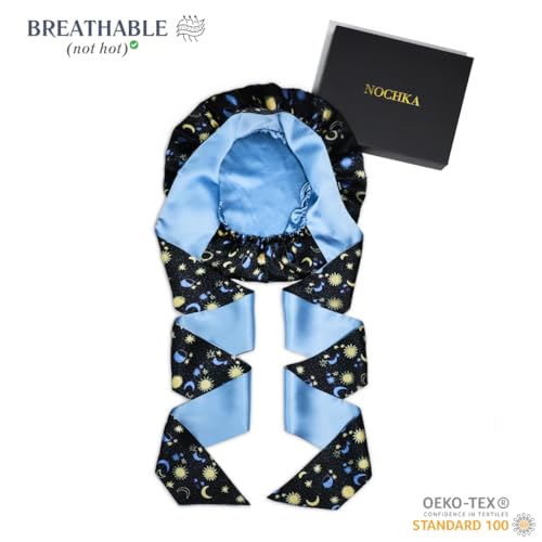 100% Mulberry Silk Bonnet for Sleeping Women, Handmade in USA 19 Momme Double Layer Reversible Silk Hair Wrap with Adjustable Ties, Non-Slip Sleep Cap for Curly & Natural Hair (sun and Moon)