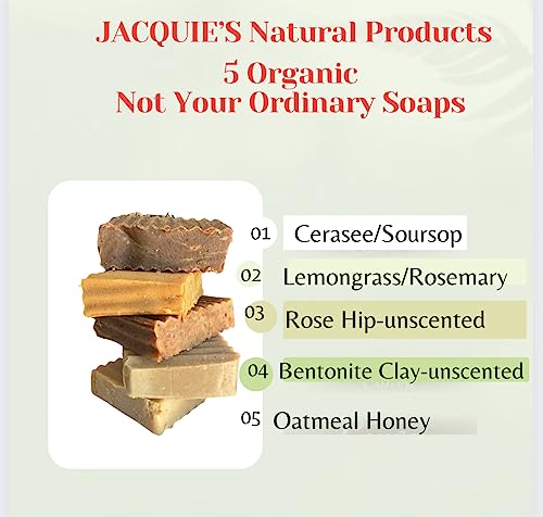 Jacquie's Natural Products - Soap Bundle 12 oz - 5 Organic Handmade Soaps|Cerasee-Soursop|Rosehip -unscented|Lemongrass-Rosemary|Bentonite Clay-unscented|Oatmeal Honey