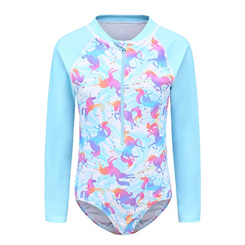 Big Girls Long Sleeve Rash Guard Swimsuits Unicorn One Piece Bathing Suit Kids UPF 50+ Sun Protection Swim Shirts Light Blue Size 12