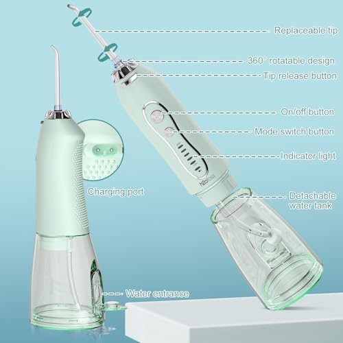 H2ofloss Water Dental Flosser Teeth Pick: Portable Cordless Oral Irrigator with 5 Modes, 300ML Rechargeable Travel Irrigation Cleaner IPX7 Waterproof Electric Flossing Machine for Teeth Cleaning Green