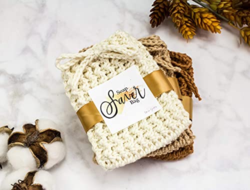 Ivory Taupe Antique Gold Reusable Crochet Soap Saver Bag Set for Handmade Soap - Soap on a Rope Pouch - 3 Pack