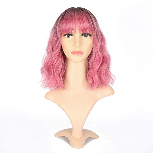 VCKOVCKO Ombre Color Natural Wavy Bob Wig With Air Bangs Short Bob Wigs Women's Shoulder Length Wigs Curly Wavy Synthetic for Girls Colorful Wigs(12",Black to Pink Purple)