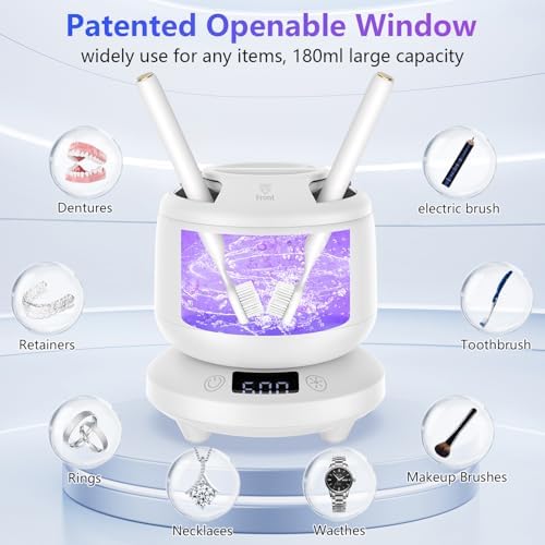 2025 Ultrasonic Retainer Cleaner for Dentures & Aligner, Durable Removable Base and Top Cover, Denture Cleaner Machine with 4 Modes for Mouth Guards, Jewelry, Rings, etc (White)