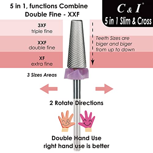 C & I 5 in 1 Nail Drill Bit, Cross & Slim Edition, Professional Nail Drills for Electric Manicure Drill Machine (Double Fine -XXF)