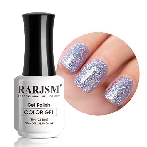 RARJSM Glitter Gel Nail Polish Rose Gold Sparkly Iridescent Rainbow Shimmer Metallic Pink Holographic Nail Gel Polish Soak off Led UV Curing Required High Pigments Gel for Home Manicure Nail Art 15ml
