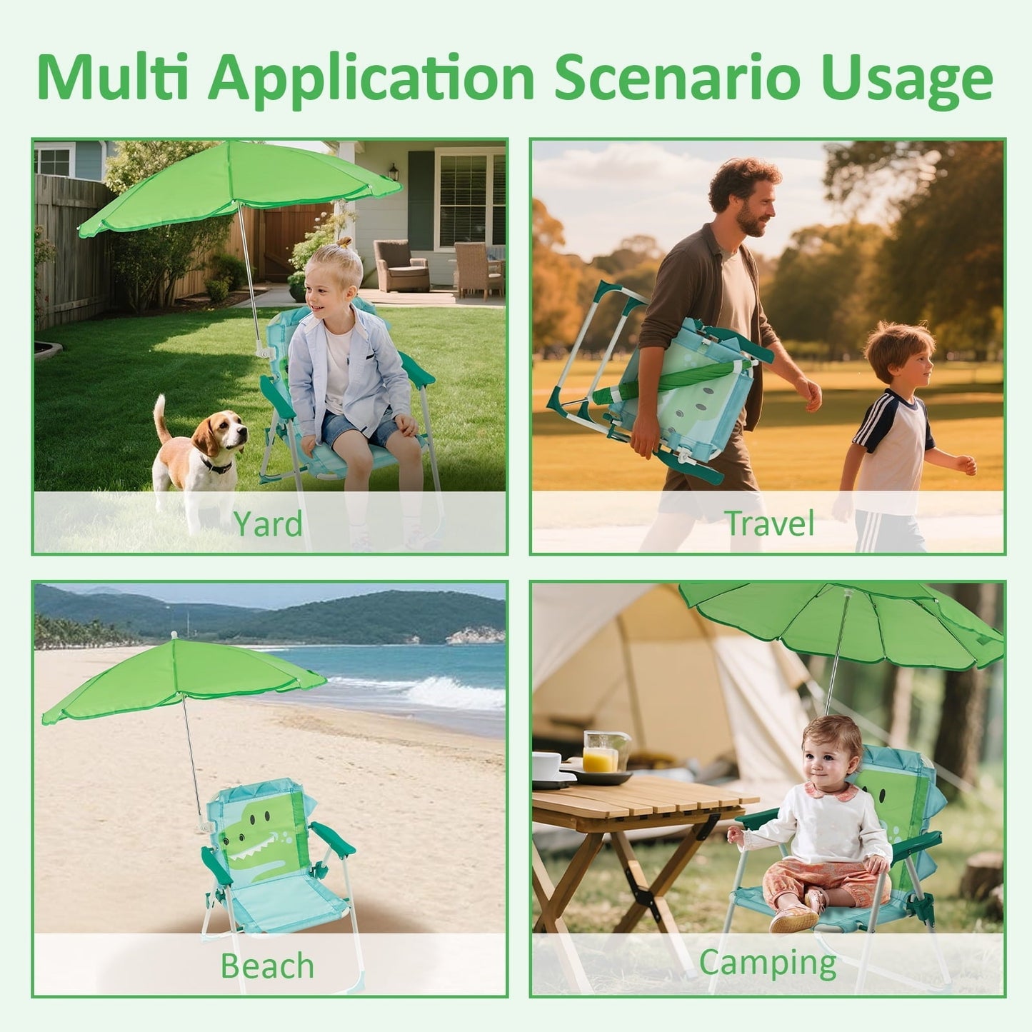 Grusce Kids Beach Chair with Sun Umbrella, Cute Animal Portable Folding Camping Chair, 40kg Capacity for Beach Outdoor Camping Picnic