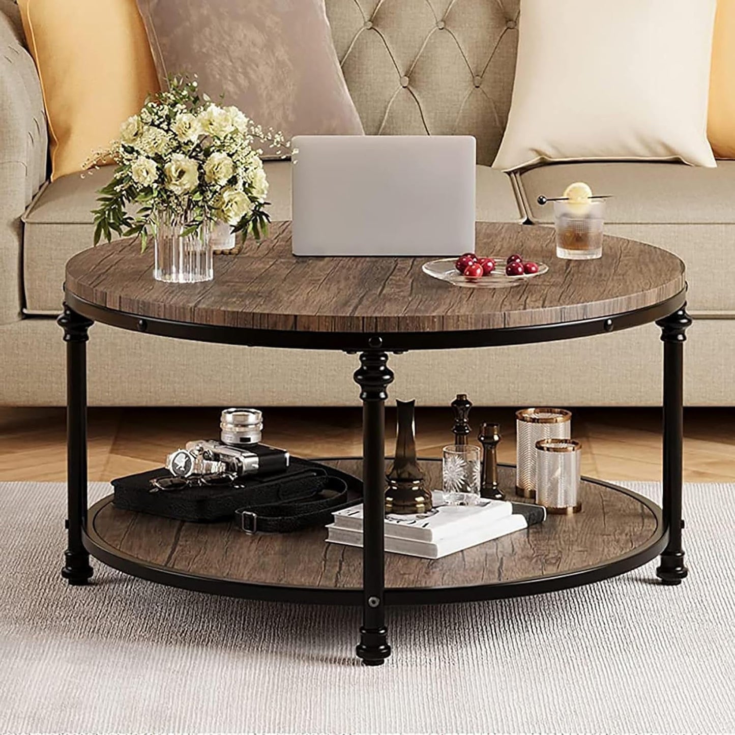 2-Tier Round Wood Coffee Table With Storage Shelf & Roman Column Metal Frame – Rustic Circle Center Table With Easy Assembly for Living Room, Reception Room ,30.5" x 30.5" x 18", Wood Grain Brown