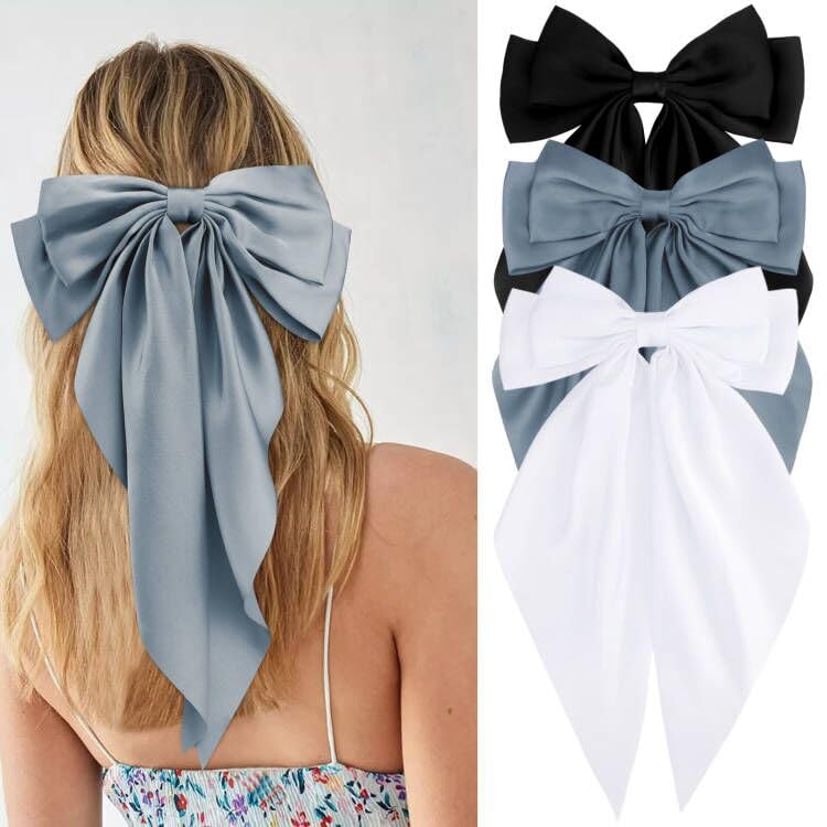 Velscrun 3Pcs Hair Accessories for Women - Black, White, and Navy Blue Oversized Satin Bows with Long Tails and Clips for Girls - Hair Barrettes Gift Set