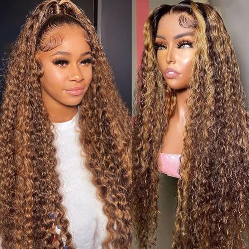 30 Inch Ombre Deep Wave Lace Front Wigs Human Hair Pre Plucked Highlight Honey Blonde Deep Curly Wig Human Hair 200% Density 4/27 Colored Glueless HD Lace Frontal Wigs for Women