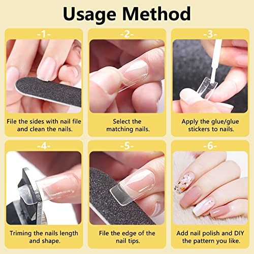 1000PCS Square Nail Tips for Acrylic Nails Professional, Fake Clear Natural Acrylic Short Square French Artificial Nail Tips Half Cover with Acrylic Nail Clipper, 2PCS Nail Files for Nail Salon Home