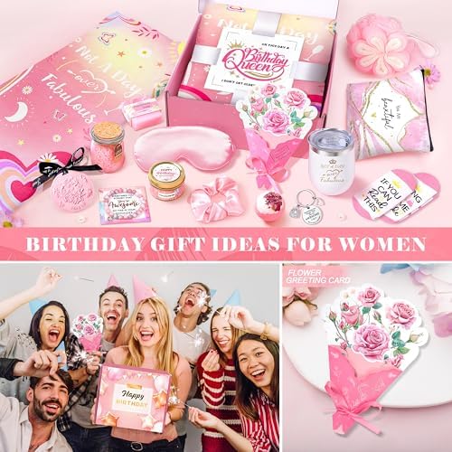 Birthday Gifts for Women, Happy Birthday Gifts Basket for Women Self Care Gift Get Well Soon Gifts, Rose Relaxing Spa Gift Basket with Beach Towel, Woman Birthday Gift for Sister Coworker Her Bestie