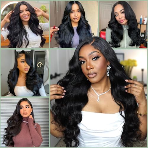 28 Inch Body Wave Lace Front Wigs Human Hair Pre Plucked 13x4 HD Lace Frontal Wigs Human Hair 200 Density Glueless Wigs Human Hair with Baby Hair Natural Black