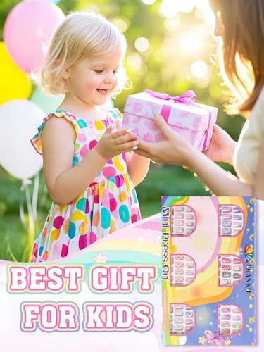 144 Pieces Press on Nails for Kids, EBANKU 6 Pack Kid Fake Nail Cute Colorful Press on Nails for Girls 5-12 Years with Pre- Adhesives