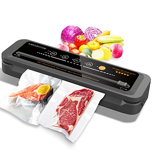2023 Updated Vacuum Sealer Machine, MEGAWISE Food Sealer w/Starter Kit, Dry & Moist Food Modes, Compact Design with 10 Vacuum Bags & Bulit-in Cutter(Grey)