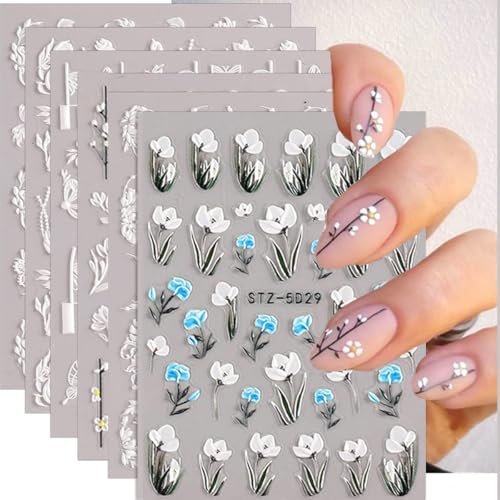 5D Embossed Flowers Nail Art Stickers for Acrylic Nails,8 Sheets Engraved Flower Butterfly Nail Decals Spring Summer Nail Art Accessories French Tips Nail Designs Self Adhesive Nail Stickers for Women