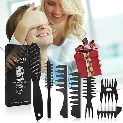 Hair Brush for Men, DUAIU 7Pcs Combs for Men, Hair Styling Comb Set with Vent Hair Brush, Quiff Round Hair Brush, Wide Tooth Comb, Texture Comb for Blow Drying, Detangling, Grooming, Hairdressing
