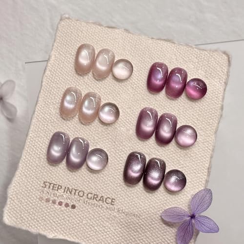 GAOY Purple Cat Eye Gel Polish Kit with Magnet, 6 Colors Glitter Holographic Nail Polish Set, UV Cure Gel for DIY Manicure at Home