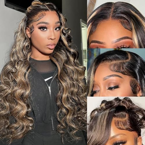 Avolo Ombre Highlight Lace Front Wig Human Hair Pre Plucked 13x4 HD Transparent ombre lace front wig 180% Density Body Wave HD Lace Frontal Wigs Human Hair With Baby Hair 30 Inch