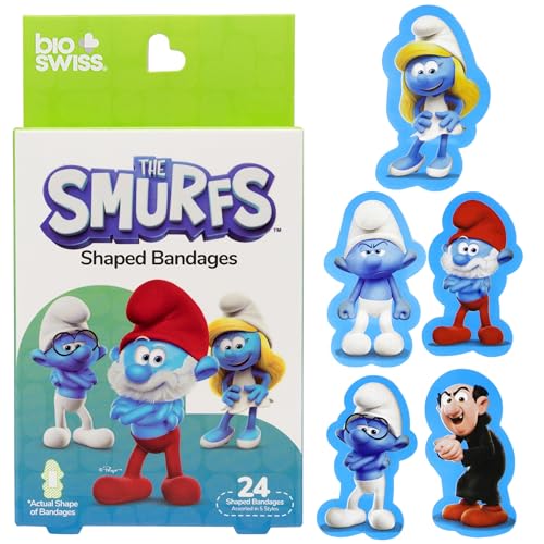 BioSwiss Bandages, The Smurfs in 3D Shaped Self Adhesive Bandage, Latex Free Sterile Wound Care, Fun First Aid Kit Supplies for Kids and Adults, 24 Count Box