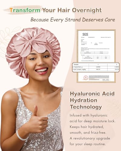 BONNET QUEEN Silk Bonnet for Sleeping Women HYALURONIC Acid Reversible Double Layer Satin Bonnet Night Sleep Cap Wrap for Curly Hair with Adjustable Tie Band & Scrunchie, Cream Pink & Rose Gold