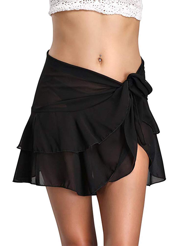 Block Garden Women Swimsuit Cover up Chiffon Ruffle Beach Sarong Wrap Skirt Pareo (Black)