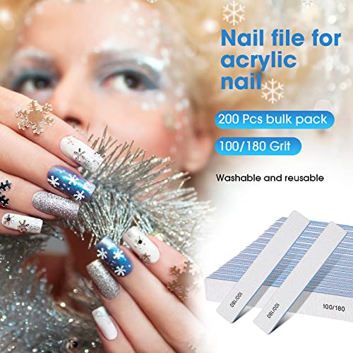 200 Pcs 100/180 Grit Nail Files, Reusable Nail File Double Sided Emery Boards for Acrylic and Gel Nails, Professional Fingernail Files Manicure Tools for Filers Salons Home Pedicure Beauty