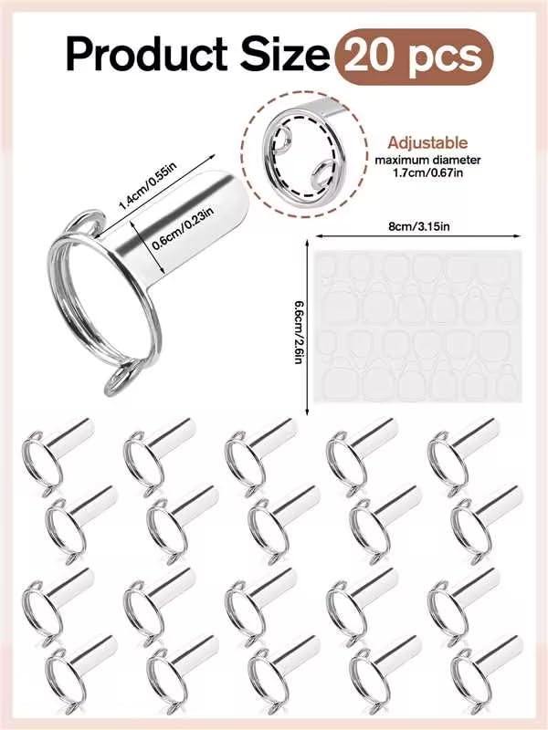 20PCS Wudu Nail Rings, EBANKU Updated Adjustable Nail Rings Detachable Reusable Women Gift Ring Set with 120PCS Adhesive Nail Tabs for Acrylic Nail Art Decoration, Silver